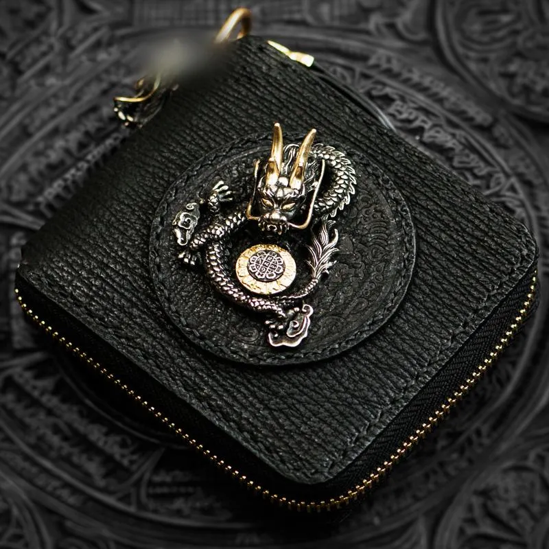 Handmade Leather Chinese Dragon Tooled Mens billfold Wallet Cool Chain Wallets Biker Wallet for Men