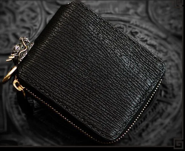 Handmade Leather Chinese Dragon Tooled Mens billfold Wallet Cool Chain Wallets Biker Wallet for Men