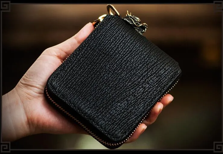 Handmade Leather Chinese Dragon Tooled Mens billfold Wallet Cool Chain Wallets Biker Wallet for Men