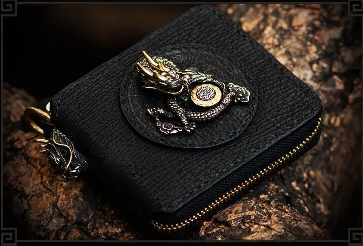 Handmade Leather Chinese Dragon Tooled Mens billfold Wallet Cool Chain Wallets Biker Wallet for Men