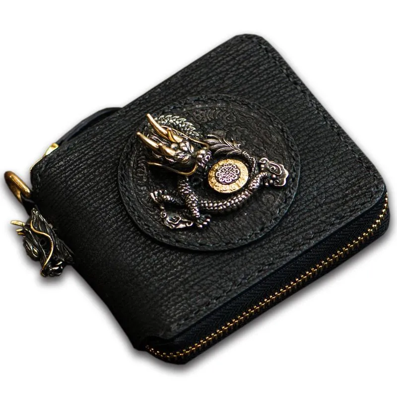 Handmade Leather Chinese Dragon Tooled Mens billfold Wallet Cool Chain Wallets Biker Wallet for Men