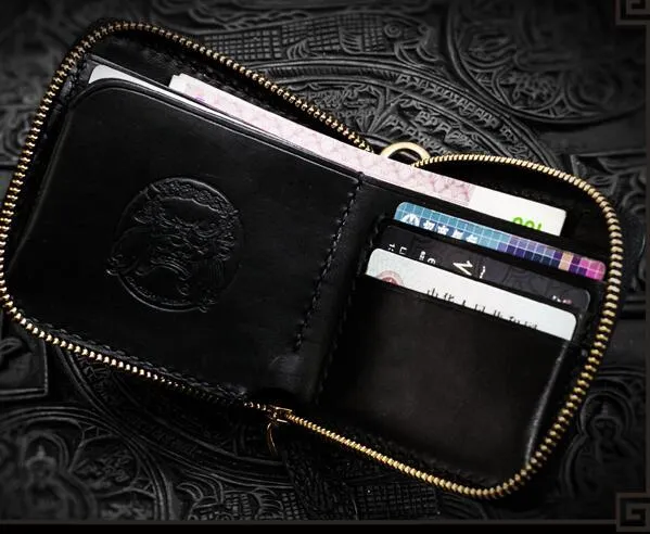 Handmade Leather Chinese Dragon Tooled Mens billfold Wallet Cool Chain Wallets Biker Wallet for Men