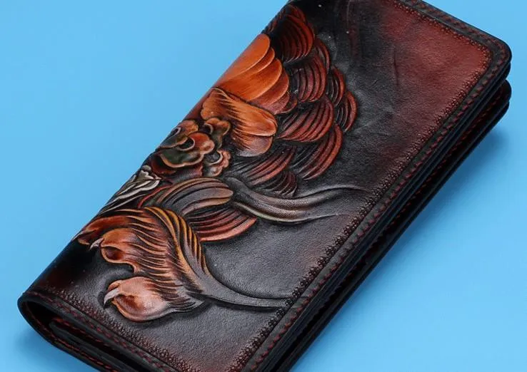 Handmade Leather Chinese Lion Mens Tooled Chain Biker Wallet Cool Long Leather Wallet With Chain Wallets for Men