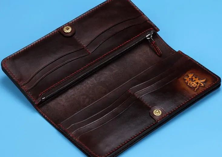 Handmade Leather Chinese Lion Mens Tooled Chain Biker Wallet Cool Long Leather Wallet With Chain Wallets for Men