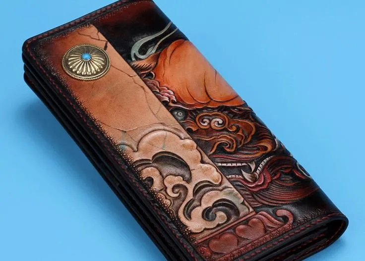 Handmade Leather Chinese Lion Mens Tooled Chain Biker Wallet Cool Long Leather Wallet With Chain Wallets for Men