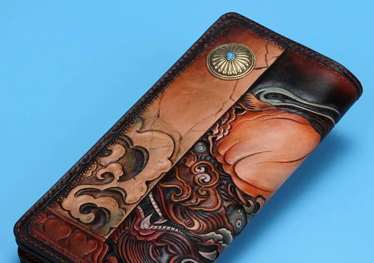 Handmade Leather Chinese Lion Mens Tooled Chain Biker Wallet Cool Long Leather Wallet With Chain Wallets for Men