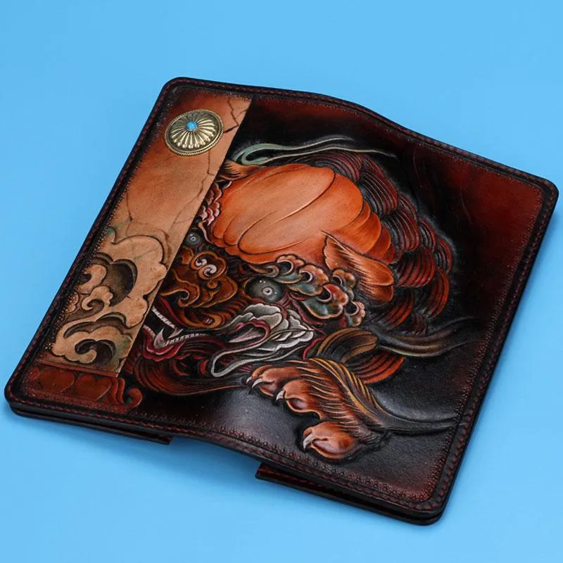 Handmade Leather Chinese Lion Mens Tooled Chain Biker Wallet Cool Long Leather Wallet With Chain Wallets for Men