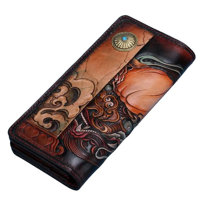 Handmade Leather Chinese Lion Mens Tooled Chain Biker Wallet Cool Long Leather Wallet With Chain Wallets for Men