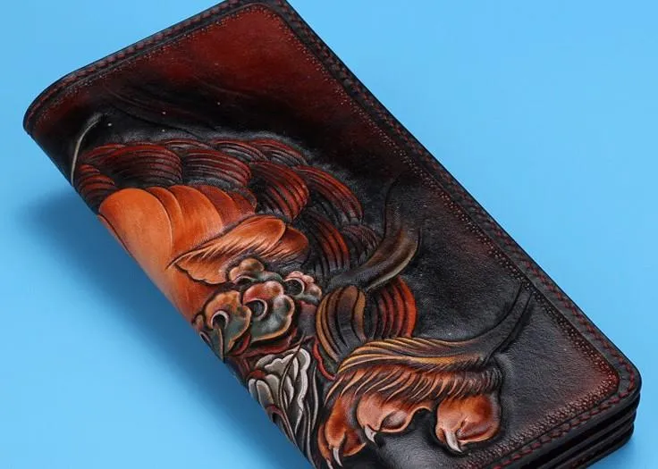 Handmade Leather Chinese Lion Mens Tooled Chain Biker Wallet Cool Long Leather Wallet With Chain Wallets for Men
