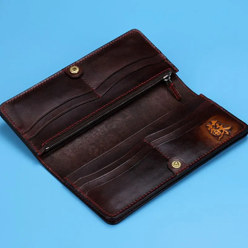Handmade Leather Chinese Lion Mens Tooled Chain Biker Wallet Cool Long Leather Wallet With Chain Wallets for Men
