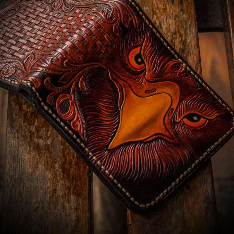 Handmade Leather Eagle Tooled Mens Small Wallet Cool billfold Wallet for Men