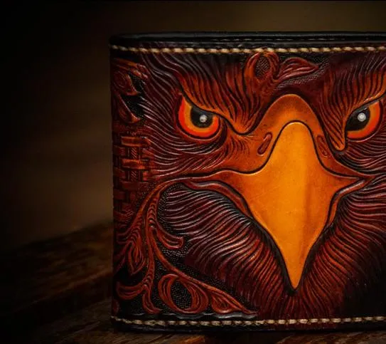 Handmade Leather Eagle Tooled Mens Small Wallet Cool billfold Wallet for Men