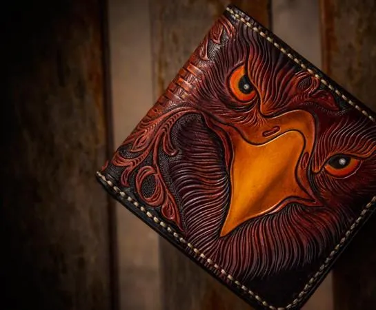 Handmade Leather Eagle Tooled Mens Small Wallet Cool billfold Wallet for Men