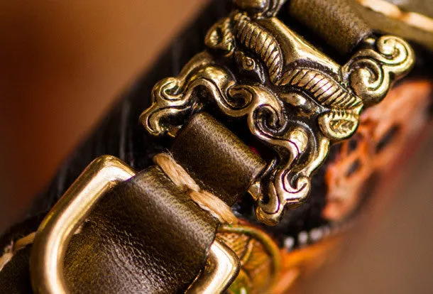 Handmade leather God Mahakala clutch zip long wallet black leather men Tooled