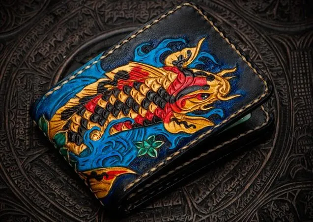 Handmade Leather License Wallet Tooled Carp Mens billfold Wallet Cool Leather Wallet Slim Wallet for Men