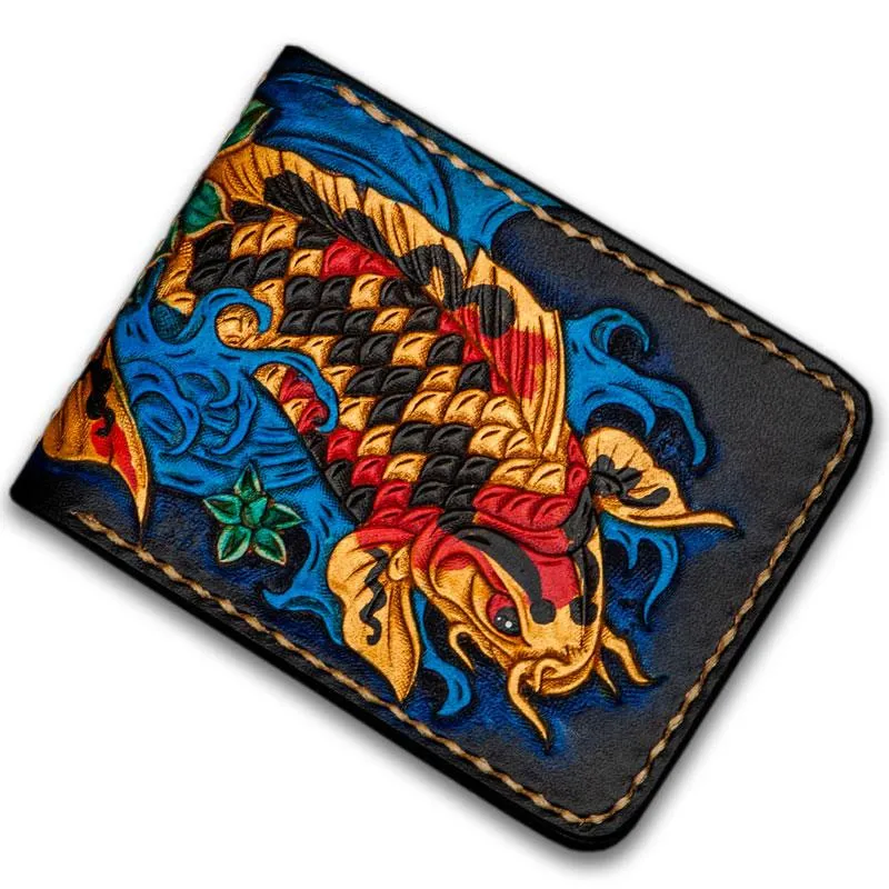 Handmade Leather License Wallet Tooled Carp Mens billfold Wallet Cool Leather Wallet Slim Wallet for Men