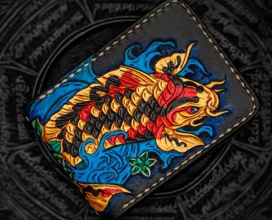 Handmade Leather License Wallet Tooled Carp Mens billfold Wallet Cool Leather Wallet Slim Wallet for Men