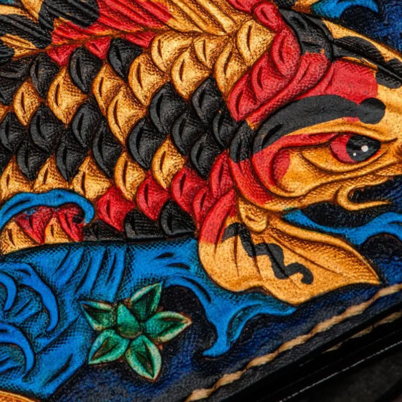 Handmade Leather License Wallet Tooled Carp Mens billfold Wallet Cool Leather Wallet Slim Wallet for Men