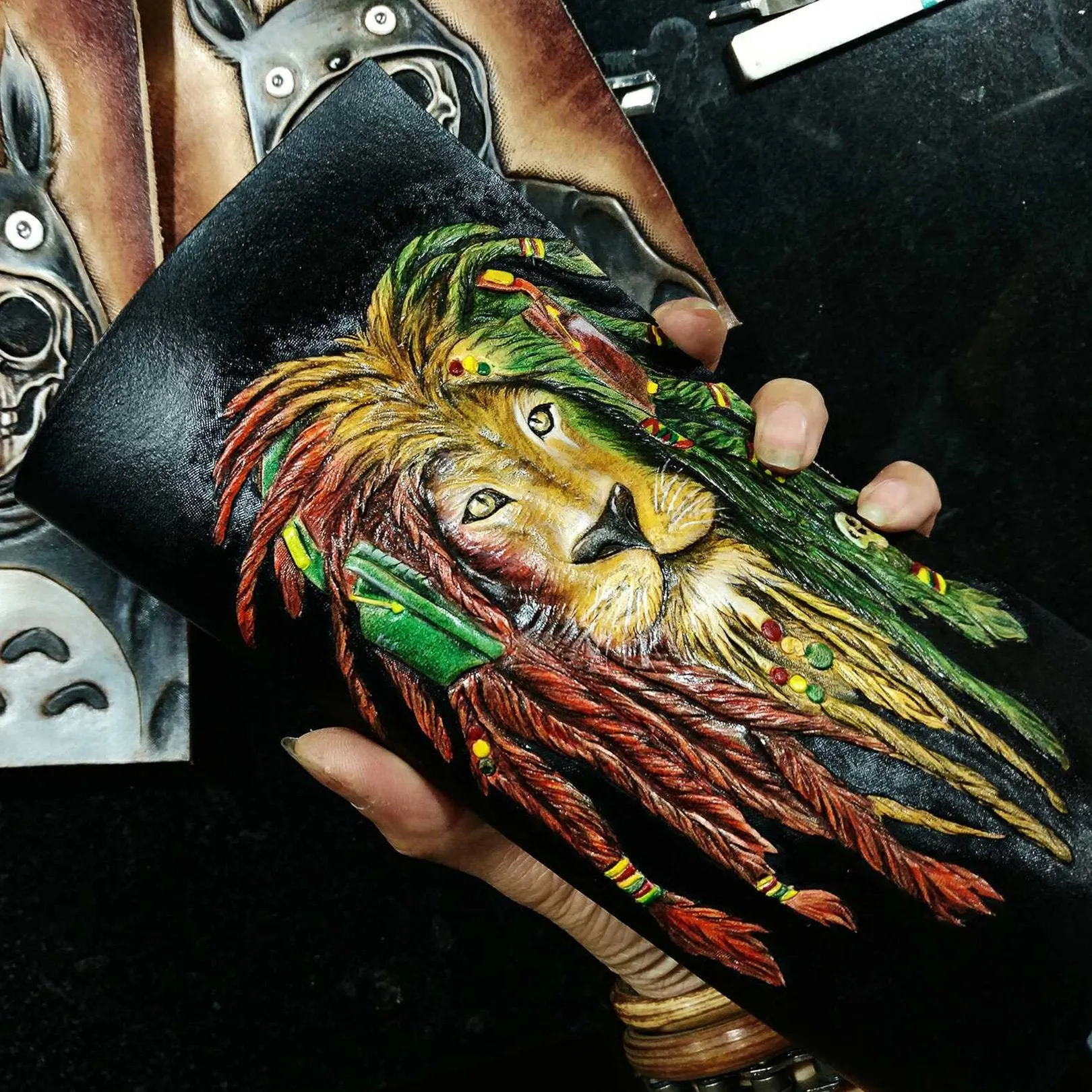 Handmade Leather Lion Tooled Mens Long Wallet Cool Leather Wallet Clutch Wallet for Men