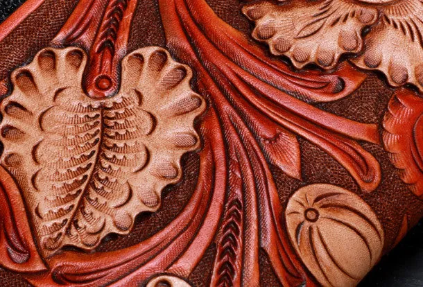 Handmade leather Long black floral wallet leather zip Men clutch Tooled wallet