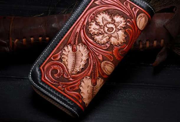 Handmade leather Long black floral wallet leather zip Men clutch Tooled wallet