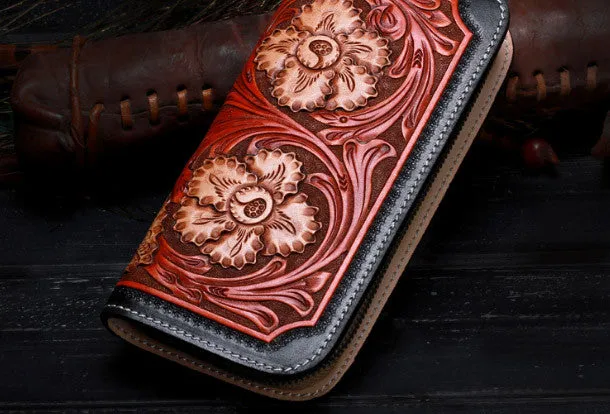 Handmade leather Long black floral wallet leather zip Men clutch Tooled wallet