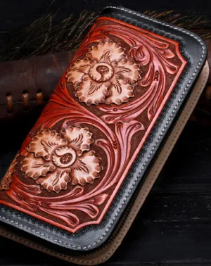 Handmade leather Long black floral wallet leather zip Men clutch Tooled wallet