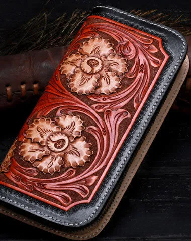Handmade leather Long black floral wallet leather zip Men clutch Tooled wallet