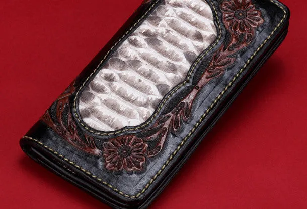 Handmade leather Long raw python skin wallet leather men clutch Tooled wallet