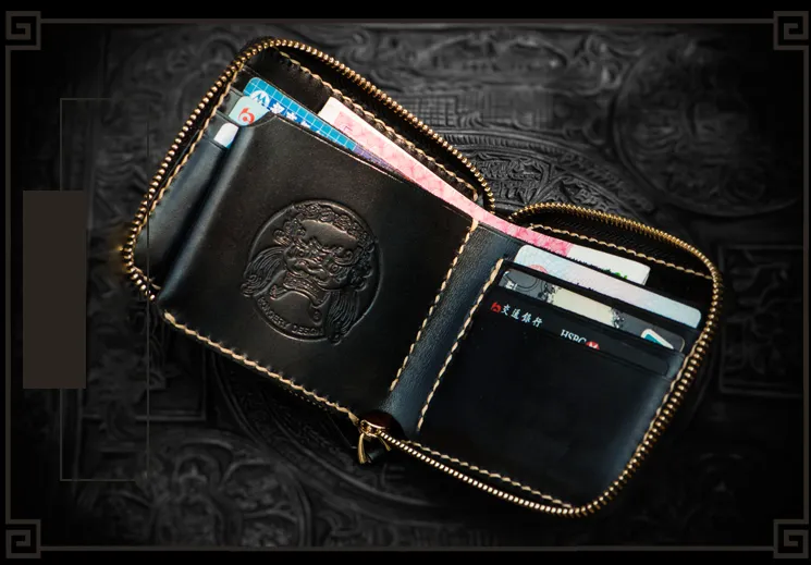 Handmade Leather Maheshvara Tooled Mens billfold Wallet Cool Chain Wallet Biker Wallet for Men