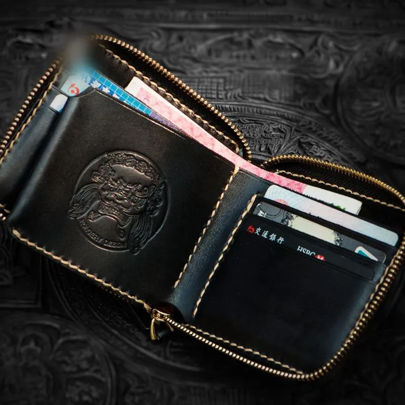 Handmade Leather Maheshvara Tooled Mens billfold Wallet Cool Chain Wallet Biker Wallet for Men