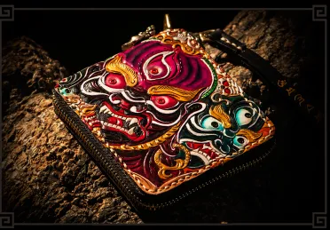 Handmade Leather Maheshvara Tooled Mens billfold Wallet Cool Chain Wallet Biker Wallet for Men