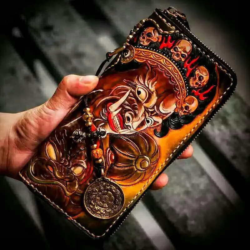 Handmade Leather Mah??k??la Mens Tooled Chain Biker Wallet Cool Long Leather Wallet With Chain Wallets for Men