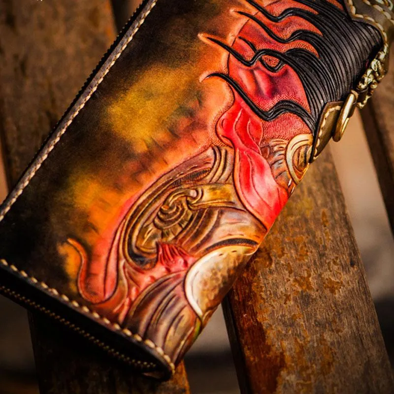 Handmade Leather Mah??k??la Mens Tooled Chain Biker Wallet Cool Long Leather Wallet With Chain Wallets for Men