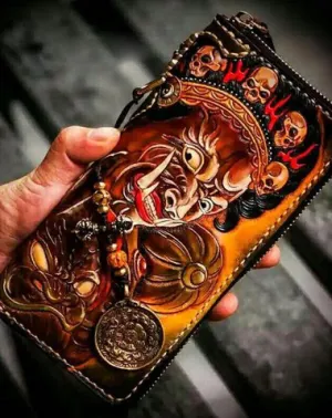 Handmade Leather Mah??k??la Mens Tooled Chain Biker Wallet Cool Long Leather Wallet With Chain Wallets for Men