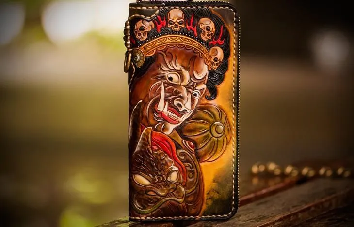 Handmade Leather Mah??k??la Mens Tooled Chain Biker Wallet Cool Long Leather Wallet With Chain Wallets for Men