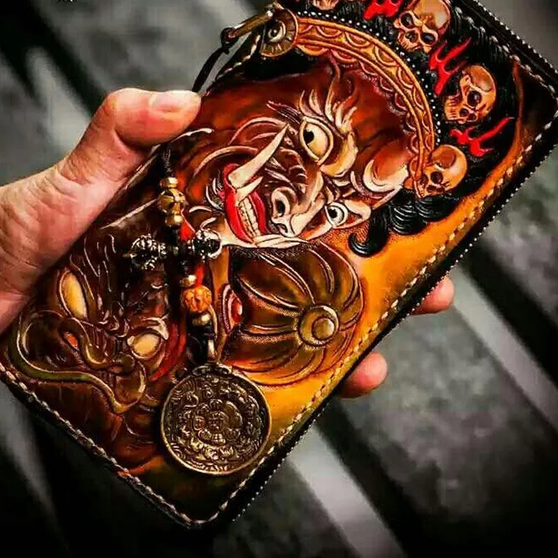 Handmade Leather Mah??k??la Mens Tooled Chain Biker Wallet Cool Long Leather Wallet With Chain Wallets for Men