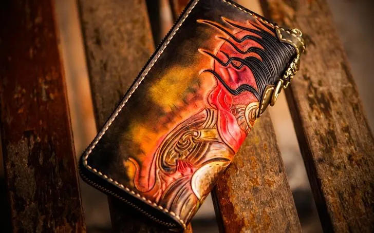 Handmade Leather Mah??k??la Mens Tooled Chain Biker Wallet Cool Long Leather Wallet With Chain Wallets for Men