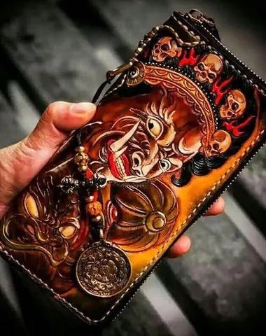 Handmade Leather Mah??k??la Mens Tooled Chain Biker Wallet Cool Long Leather Wallet With Chain Wallets for Men