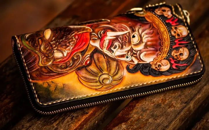 Handmade Leather Mah??k??la Mens Tooled Chain Biker Wallet Cool Long Leather Wallet With Chain Wallets for Men