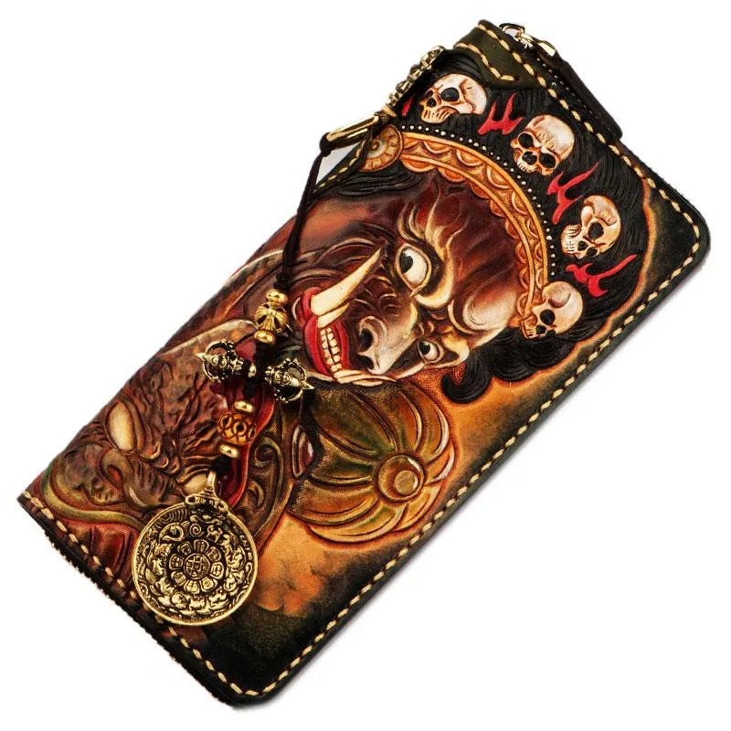 Handmade Leather Mah??k??la Mens Tooled Chain Biker Wallet Cool Long Leather Wallet With Chain Wallets for Men