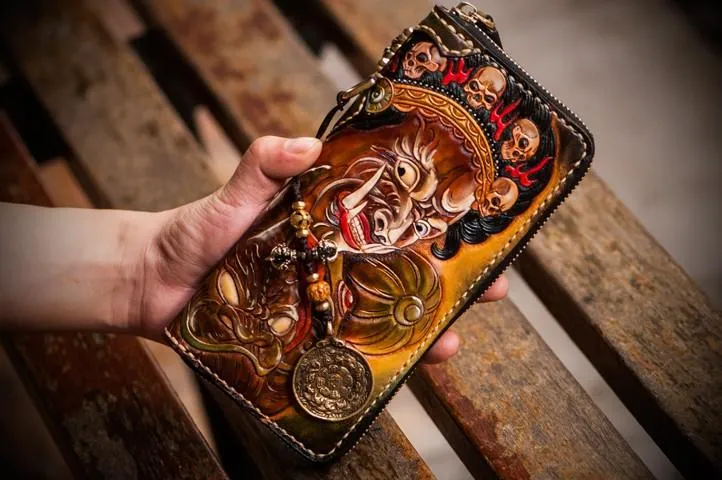 Handmade Leather Mah??k??la Mens Tooled Chain Biker Wallet Cool Long Leather Wallet With Chain Wallets for Men