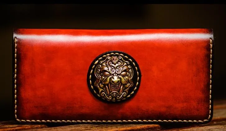 Handmade Leather Men Cool Leather Wallets Long Bifold Wallets for Men