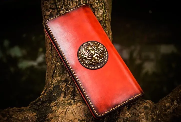 Handmade Leather Men Cool Leather Wallets Long Bifold Wallets for Men