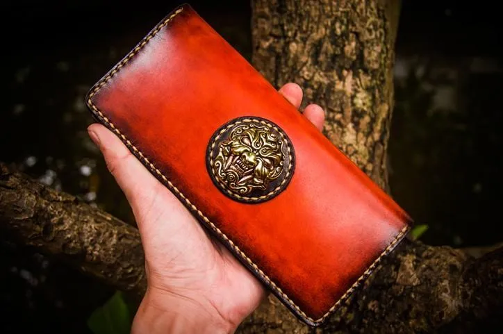 Handmade Leather Men Cool Leather Wallets Long Bifold Wallets for Men