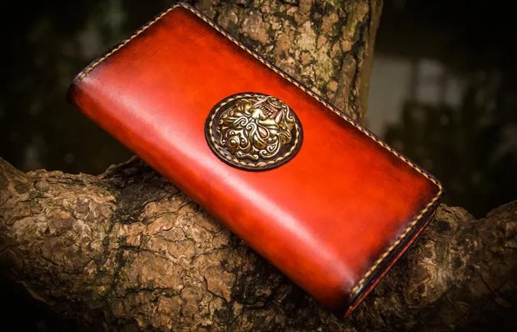 Handmade Leather Men Cool Leather Wallets Long Bifold Wallets for Men