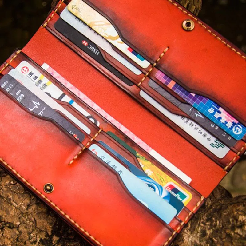 Handmade Leather Men Cool Leather Wallets Long Bifold Wallets for Men