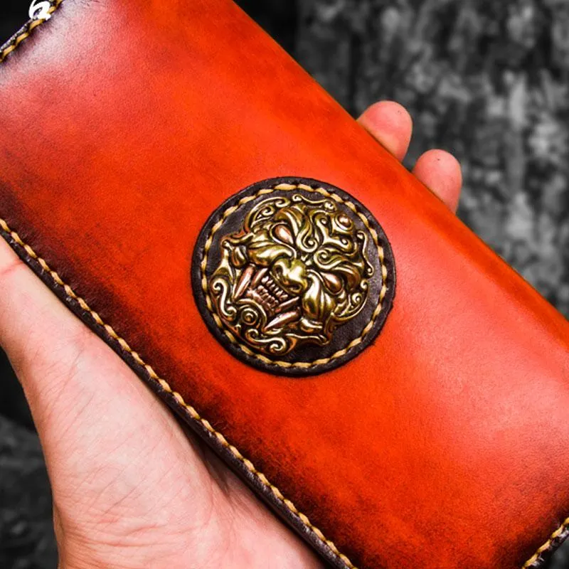 Handmade Leather Men Cool Leather Wallets Long Bifold Wallets for Men