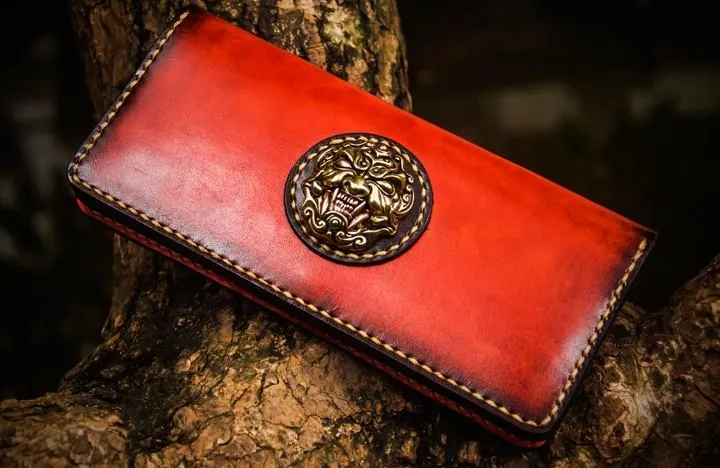 Handmade Leather Men Cool Leather Wallets Long Bifold Wallets for Men