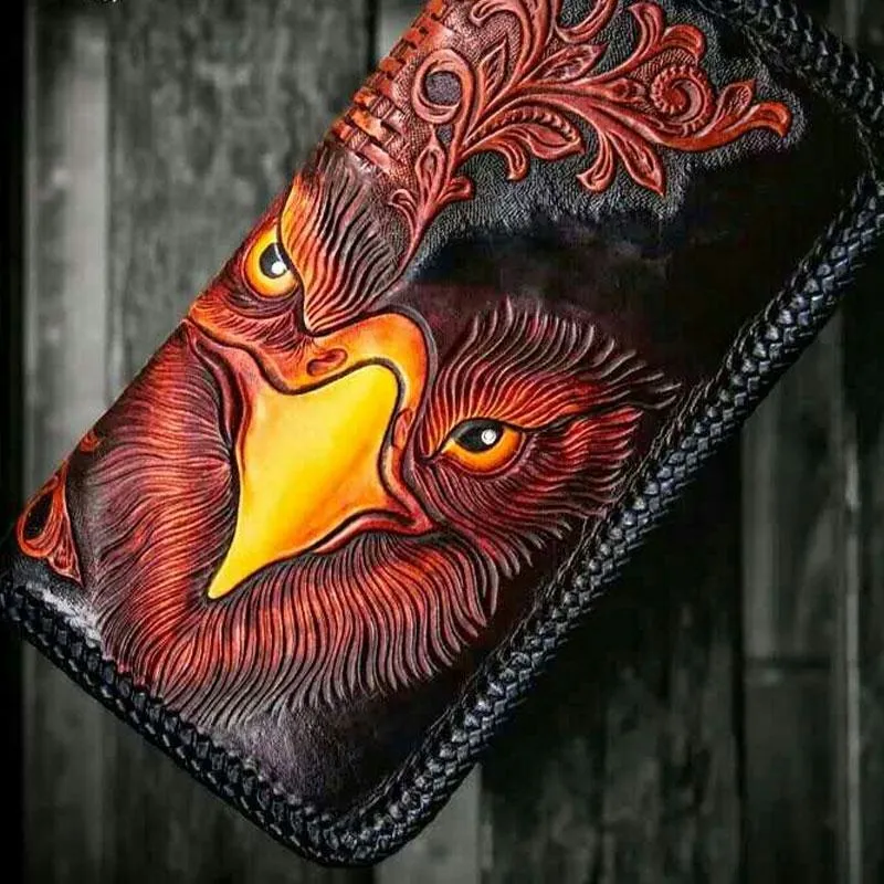 Handmade Leather Men Tooled Eagle Cool Leather Wallets Long Clutch Wallets for Men